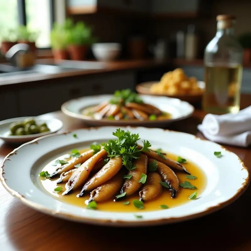 Tarros de vidrio transparentes llenos de boquerones en vinagre con ajo y perejil, cubiertos de aceite de oliva y hojas de laurel, sobre una mesa rústica de madera con un fondo de cocina tradicional española.