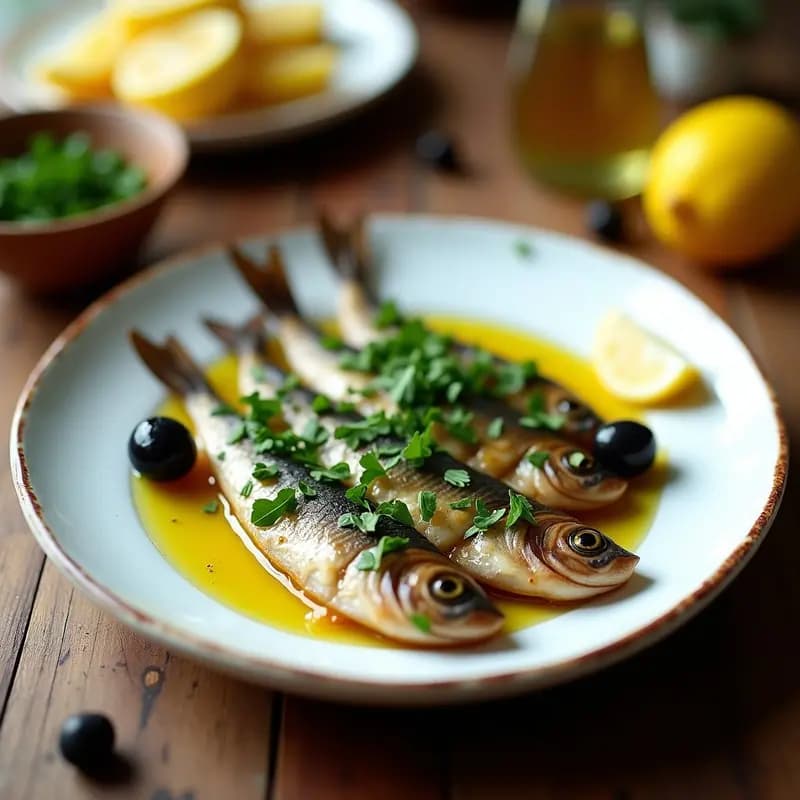 Plato blanco rústico con boquerones en vinagre marinados, cubiertos de ajo picado y perejil fresco, acompañados de aceitunas y rodajas de limón, receta andaluza fácil y rápida.