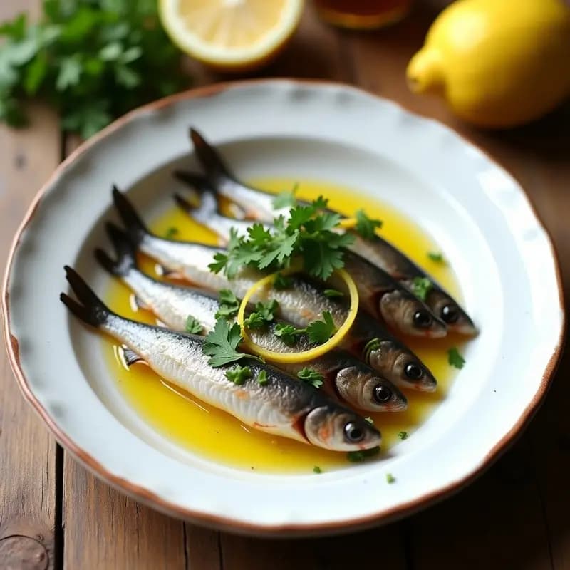 Plato blanco rústico con boquerones en vinagre marinado, cubiertos de ajo picado y perejil fresco, rodeados de aceite de oliva virgen extra y corteza de limón, receta andaluza sin cocinar para aperitivo.