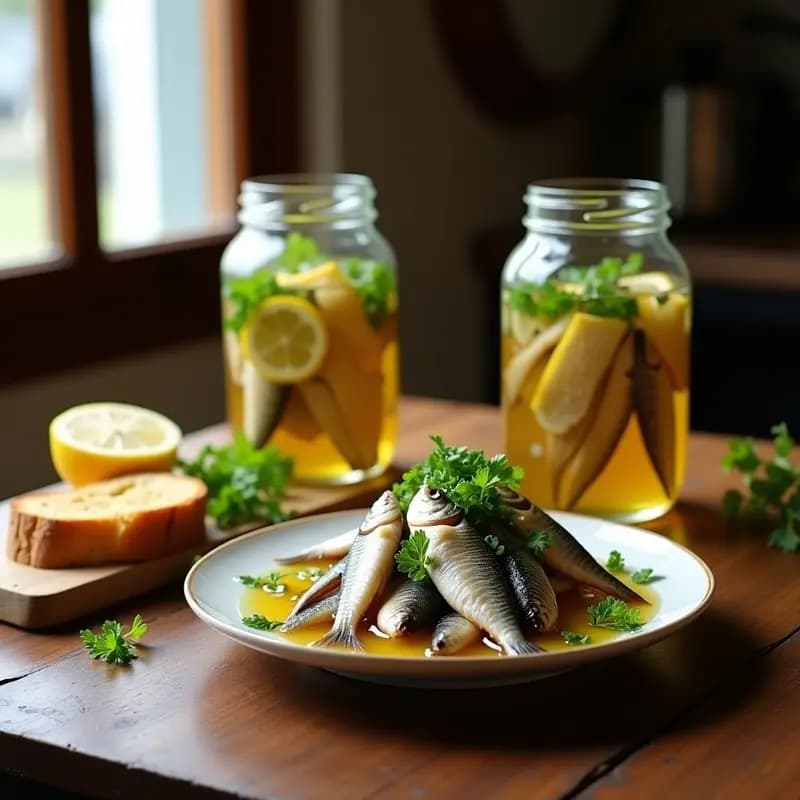 Tarros de cristal transparentes llenos de boquerones en vinagre marinados con ajo y perejil, receta tradicional andaluza de anchoas frescas, servidos sobre una tabla de madera rústica con pan tostado y limón.