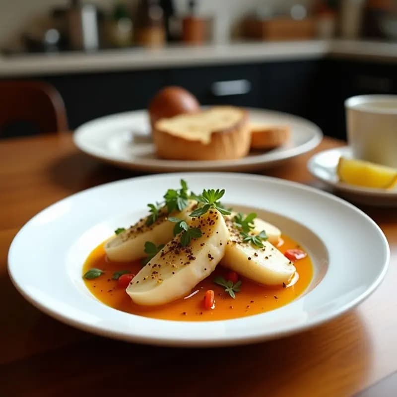 Plato blanco con boquerones en vinagre marinados, decorados con perejil fresco, rodajas de limón y cebolla morada, sobre fondo rústico de madera.