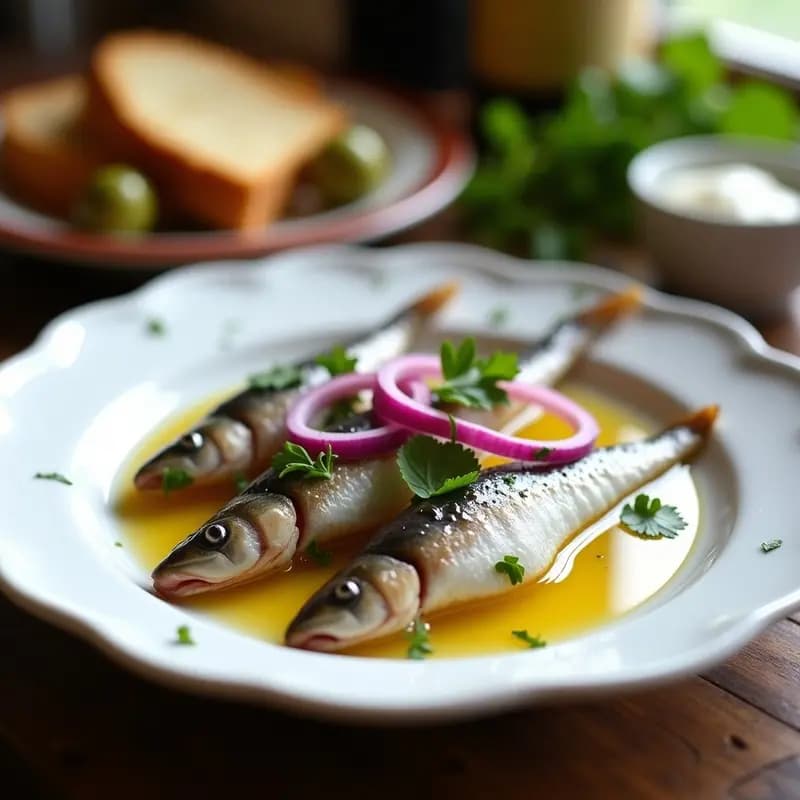 Plato blanco con boquerones en vinagre marinados, cebolla morada en juliana, perejil fresco y un hilo de aceite de oliva virgen extra, típico aperitivo andaluz fresco.