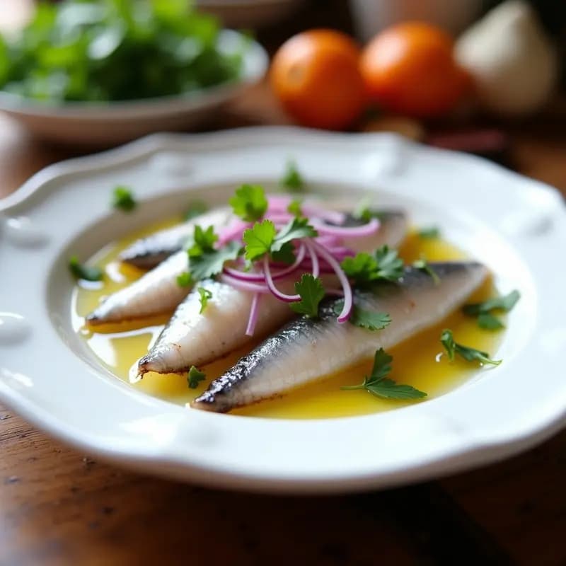 Plato blanco con boquerones en vinagre marinados, cebolla morada en juliana y perejil fresco picado, bañados en aceite de oliva virgen extra. Tapa andaluza tradicional lista para servir.