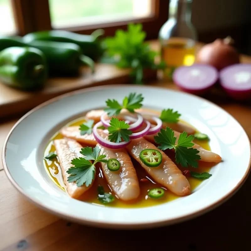 Plato blanco con boquerones en vinagre marinados, acompañados de cebolla morada y pimiento verde en juliana, decorados con perejil fresco y un hilo de aceite de oliva virgen extra. Receta andorrana fresca y sin cocción.