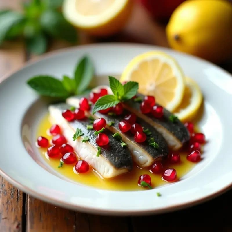 Plato blanco con boquerones en vinagre abiertos en forma de mariposa, cubiertos con granos de granada rojos brillantes y hojas de menta fresca, bañados en aceite de oliva y decorados con rodajas de limón.
