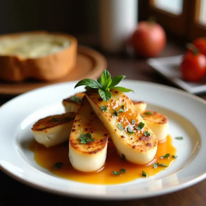 Plato blanco rústico con boquerones en vinagre marinados, acompañados de rebanadas doradas de pan confitado sin gluten, decorado con perejil fresco y un hilo de aceite de oliva virgen extra.