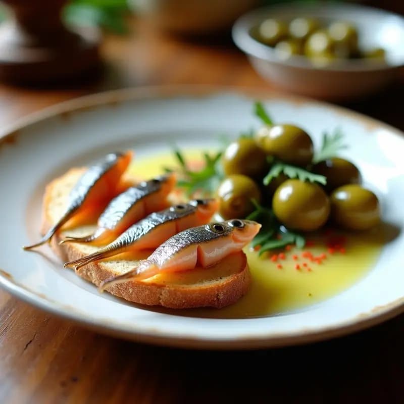 Tapa andaluza de boquerones en vinagre sobre pan de cristal crujiente, acompañada de aceitunas verdes aliñadas con ajo y perejil, servida en plato blanco rústico.