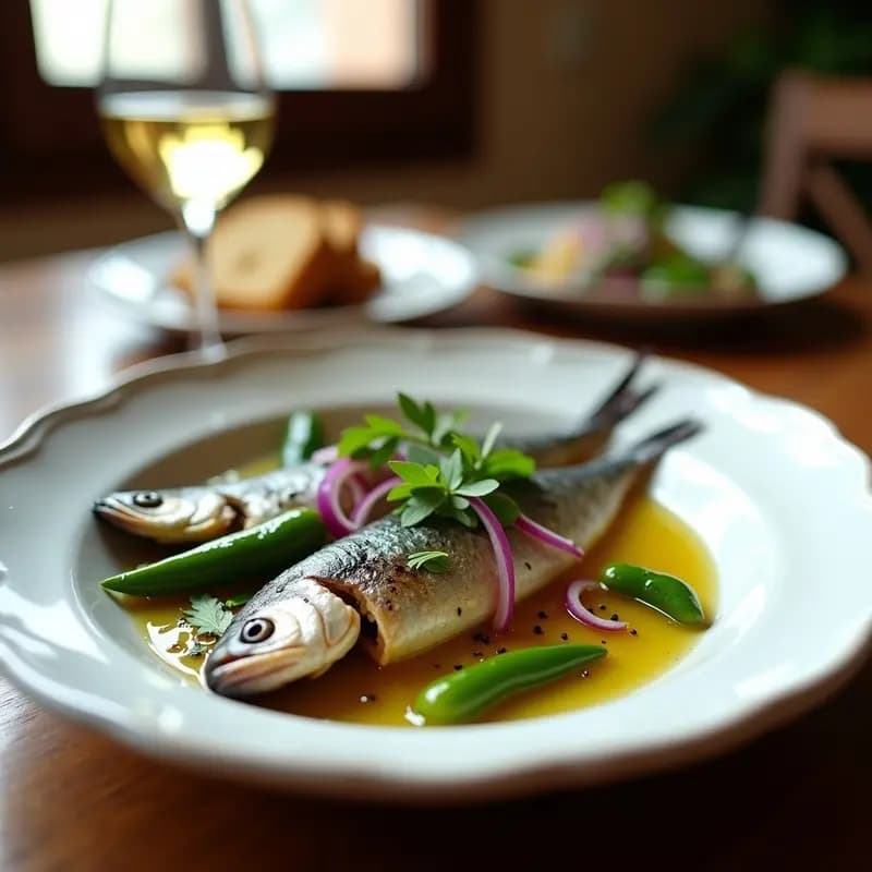 Plato blanco rústico con boquerones en vinagre marinados, acompañados de tiras crujientes de pimientos verdes italianos, cebolla morada en juliana y perejil fresco. Tapa andaluza fresca y sin cocción, lista para servir.