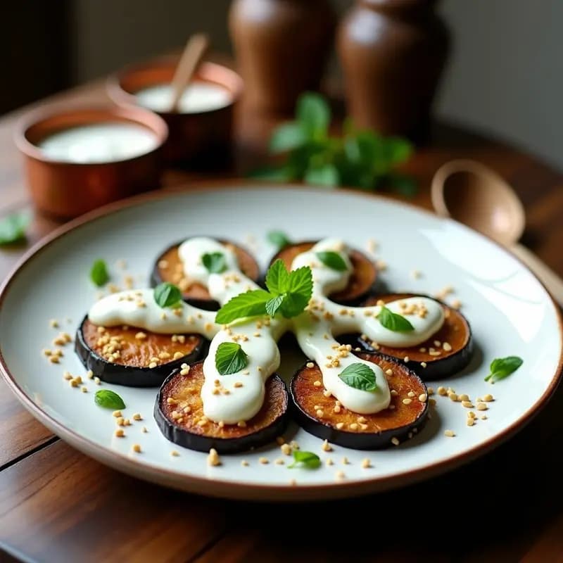 Plato blanco rústico con rodajas de berenjena asada dorada cubiertas de salsa cremosa de yogur, ajo y menta fresca. Espolvoreado con semillas de sésamo tostado. Receta tradicional afgana Borani Banjan.