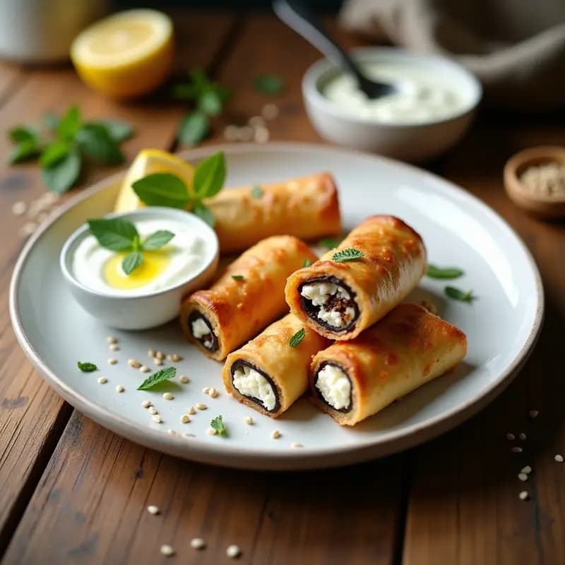 Plato blanco rústico con borea albanesa de berenjena y queso feta, rollitos dorados y crujientes con semillas de sésamo, acompañados de salsa cremosa de yogur y menta, decorado con hojas de menta fresca.