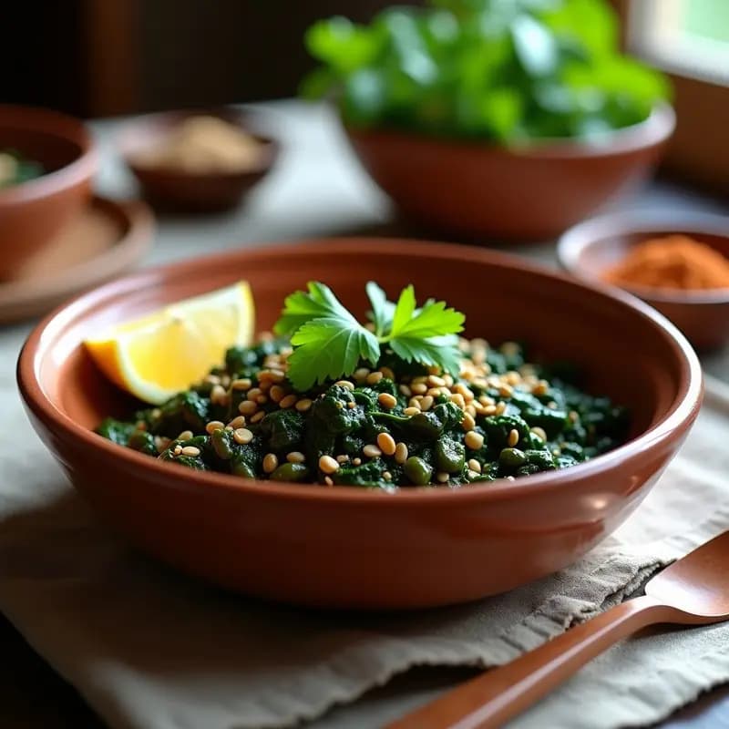 Plato hondo de barro con Bored de Lentejas con Espinacas y Limón, receta etíope vegana. Lentejas pardinas estofadas con espinacas verdes, especias berbere y un chorrito de tahini, decorado con cilantro fresco y gajos de limón. Fondo rústico con textura de madera.