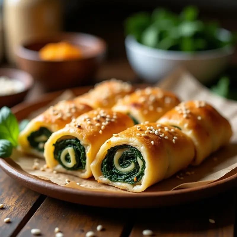 Bandeja de horno con rollitos de borek turco dorados y crujientes, rellenos de espinacas y queso halloumi, espolvoreados con semillas de sésamo, sobre fondo rústico de madera.