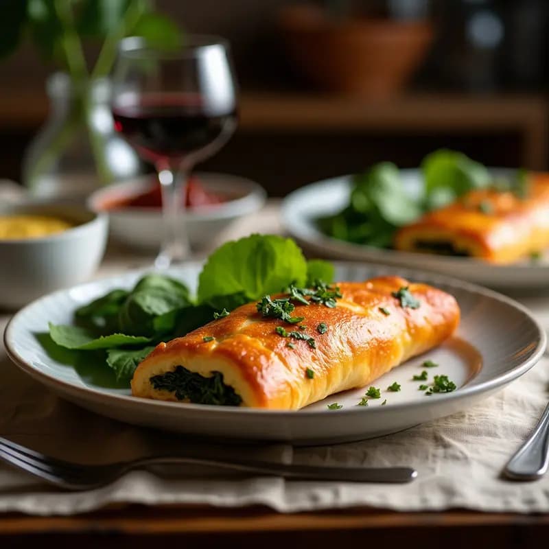 Boremek turco de espinacas y queso halloumi rebanado en porciones doradas, con capas crujientes de masa filo y semillas de sésamo, servido sobre un plato blanco rústico con hierbas frescas.