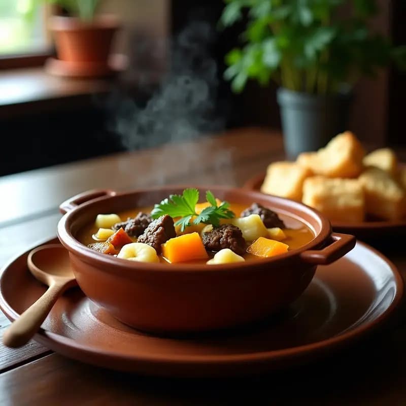 Plato hondo de barro con Bori Bori paraguayo: sopa espesa de calabaza y carne de res en trozos, albóndigas de yuca doradas flotando, decorado con maní tostado molido y perejil fresco. Receta tradicional de olla express.