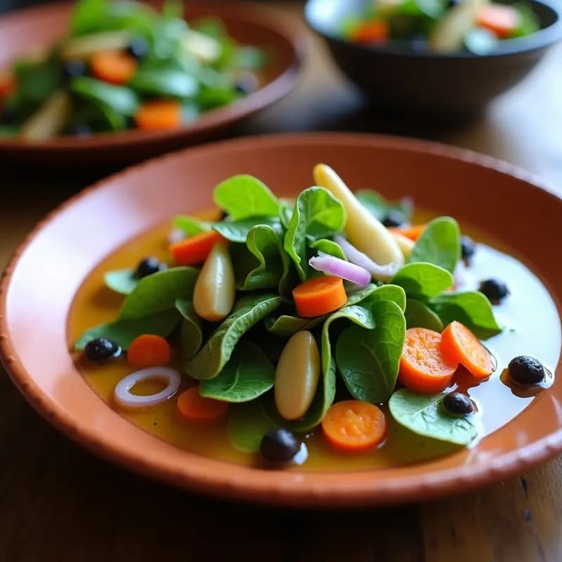 Tarro de cristal transparente con borrajas en escabeche, hojas verdes sumergidas en líquido dorado con especias y ajo, típico de la cocina murciana.