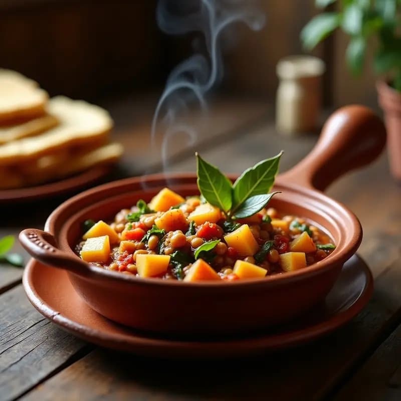 Cazuela de barro humeante con borrajas guisadas, patatas en cubos y garbanzos, decorada con hojas de laurel y un hilo de aceite de oliva, sobre fondo rústico de madera oscura.