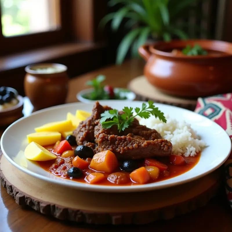 Olla de barro con borrego al chilindrón peruano, estofado espeso con trozos de carne de borrego, aceitunas negras y salsa roja de tomate y especias, servido en plato hondo con arroz blanco y rodajas de papa amarilla. Receta tradicional arequipeña.
