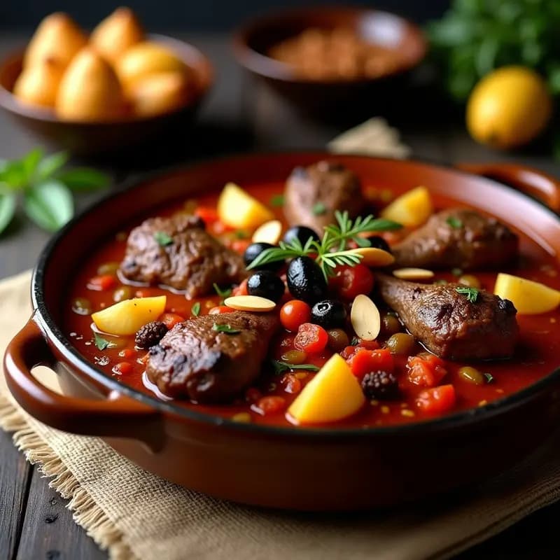 Plato hondo de barro con borrego al chilindrón aragonés, trozos de carne tierna bañados en salsa espesa de tomate y pimientos, acompañados de patatas panaderas doradas y almendras tostadas, receta tradicional española de olla lenta.