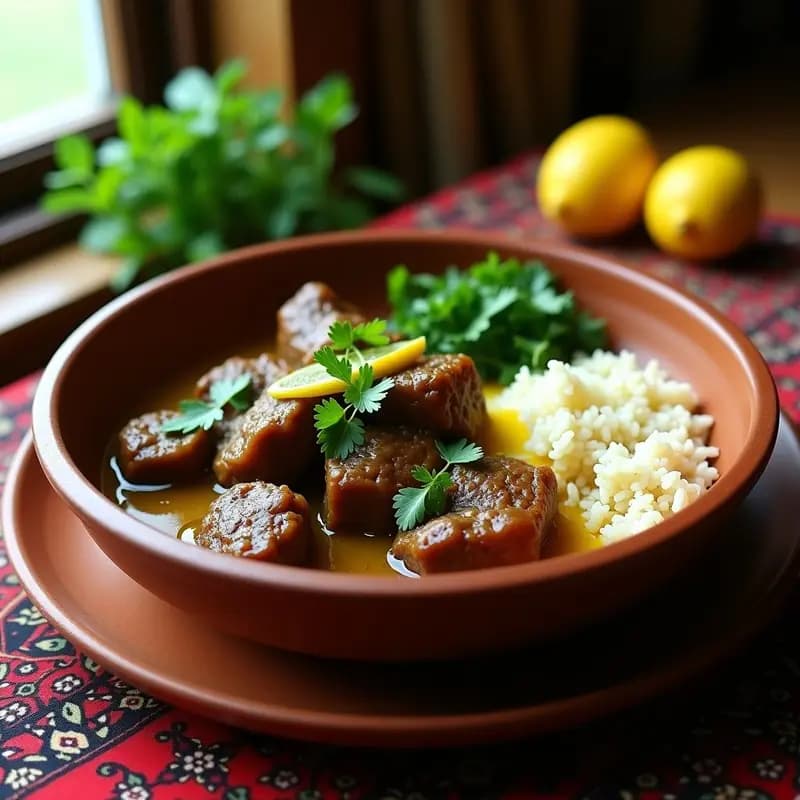 Plato hondo de barro con estofado iraní Borrego al Gilan Persian, trozos de borrego tiernos en salsa espesa dorada con hierbas frescas y rodajas de limón seco, acompañado de arroz basmati y decorado con cilantro.