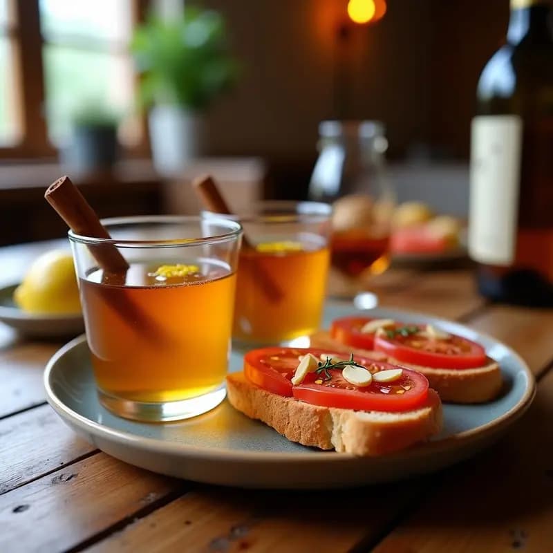 Aperitivo catalán tradicional con copas de vi rancio aromatizado y rebanadas de pan tostado con tomate, almendras fileteadas y aceite de oliva virgen extra sobre mesa rústica de madera.