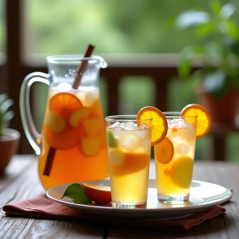 Jarra de cristal llena de borrell de vi, sangría catalana con trozos de naranja, manzana y melocotón, canela en rama y hielo picado, servida en copas anchas con decoración de frutas frescas.