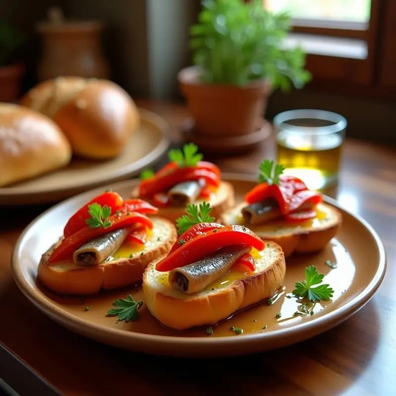 Plato de madera rústico con rebanadas de pan de payés tostado, cubiertas de tiras de pimientos asados rojos y filetes de anchoas en abanico. Decorado con perejil fresco y un hilo de aceite de oliva virgen extra. Receta tradicional catalana de borrellhino.