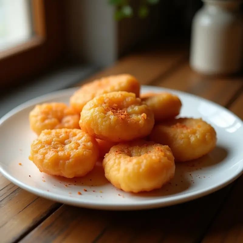 Plato blanco con borrellos fritos dorados y crujientes, buñuelos salados de harina y levadura, listos para tapear, sobre fondo rústico de madera.