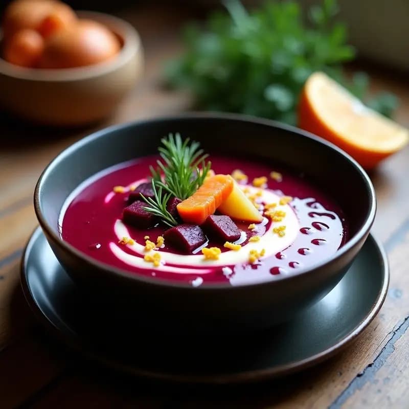 Plato hondo de cerámica oscura con Borsch vegano ucraniano, remolacha fermentada en tonos intensos, crema de horchata espiralada en la superficie, decorado con eneldo fresco y ralladura de naranja, sobre fondo rústico de madera.