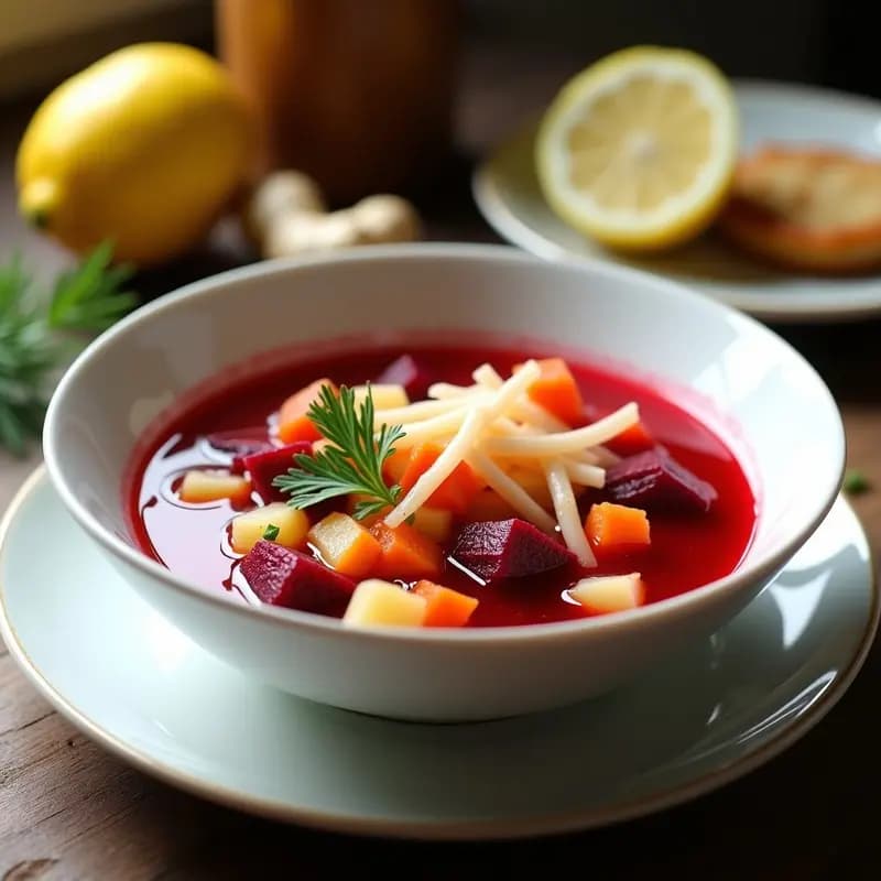 Bowl de cerámica blanca con Borsch Rojo con Surimi y Eneldo, sopa ucraniana de color rojo intenso, trozos de surimi, zanahoria, patata y eneldo fresco espolvoreado. Fondo rústico de madera con limón y jengibre fresco al lado.