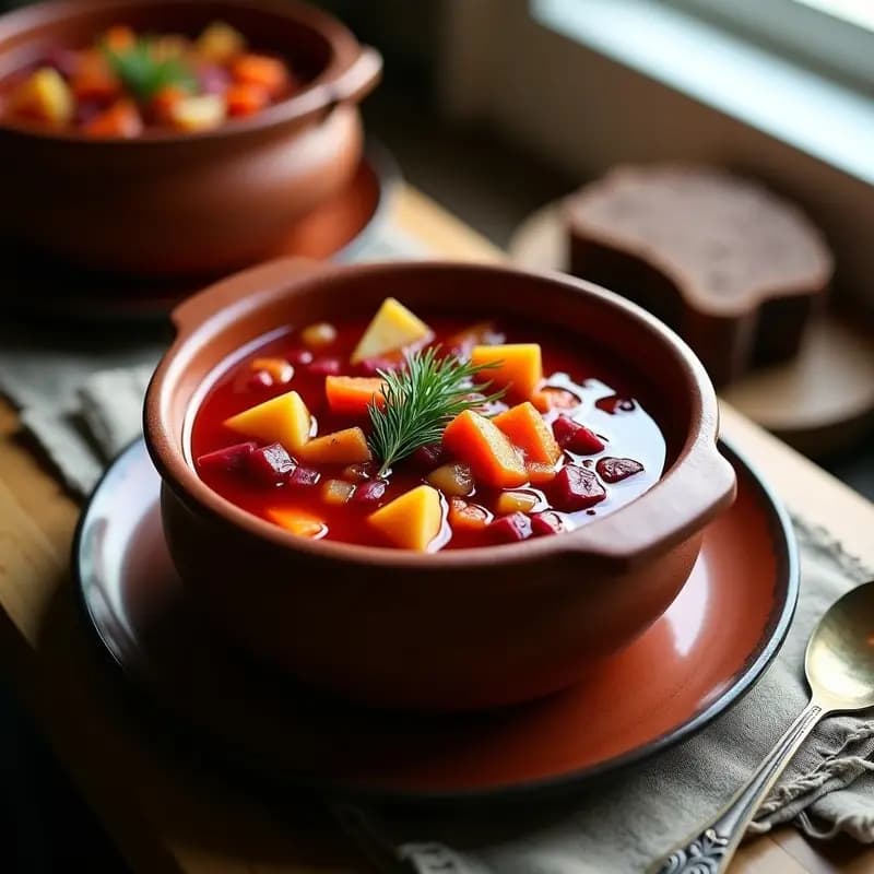 Olla de barro humeante con Bтоборщ ucrainiano vegano, sopa espesa de color rojo intenso con trozos de remolacha, repollo y zanahoria, decorada con eneldo fresco y servida en cuencos rústicos de cerámica.