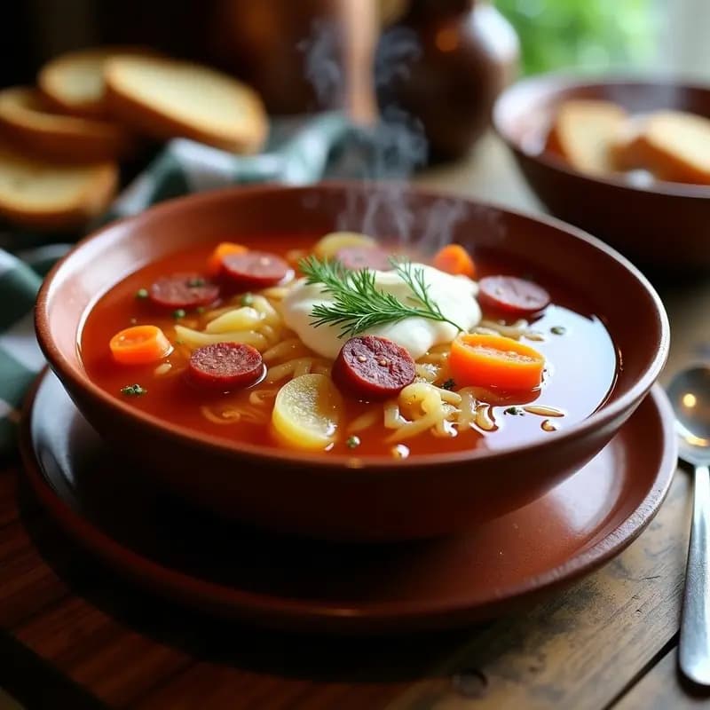 Plato hondo de barro con borscht polaco tradicional, lleno de col fermentada dorada, rodajas de salchichas ahumadas, zanahorias y papas en un caldo rojo oscuro. Acompañado de crema agria y eneldo fresco, con pan de centeno al lado.