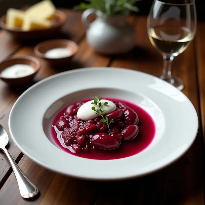 Cuenco blanco rústico con borscht frío de color rosa intenso, decorado con crema de coco batida, eneldo fresco y hojas de menta. Fondo con textura de madera y trozos de pan de centeno. Receta ucraniana probiótica y refrescante.