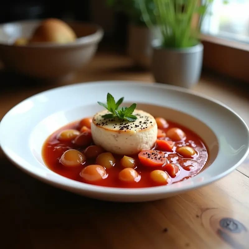 Cuenco hondo de cerámica negra con Borscht Polaco con Hongos y Crema de Eneldo, sopa vegana de color rojo intenso con láminas de hongos portobello, trozos de remolacha y un remolino de crema blanca de eneldo en el centro. Acompañado de pan de centeno tostado y ramitas de eneldo fresco. Foto en ángulo cenital con fondo rústico de madera.