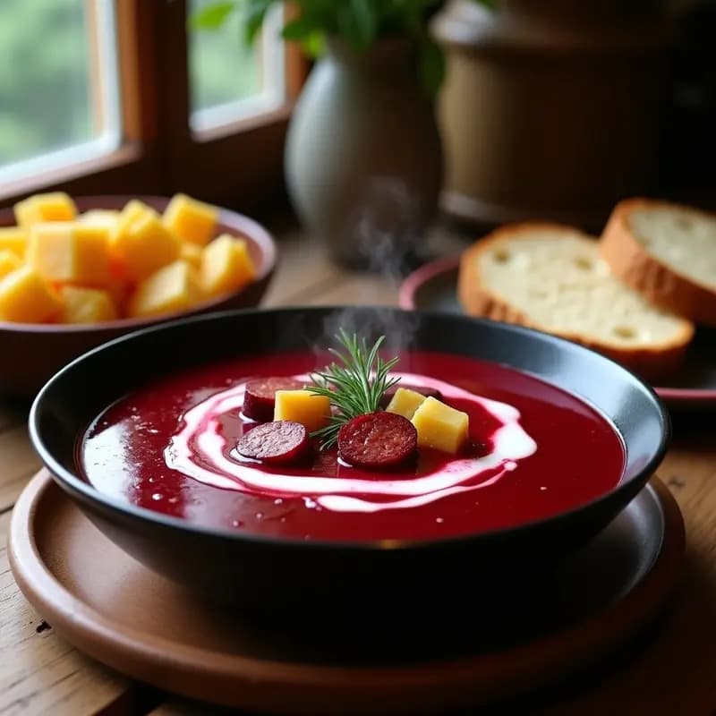 Cuenco hondo de cerámica oscura con Borscht Polaco con Kolrabi y Chorizo, mostrando rodajas de kolrabi tiernas, trozos de chorizo ahumado y remolacha en un caldo rojo intenso. Acompañado de crema agria y eneldo fresco, sobre una mesa de madera rústica con pan de centeno al lado.