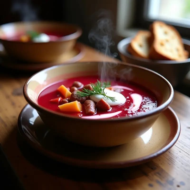 Plato hondo de cerámica oscura con borscht polaco de remolacha y cortilla, caldo rojo intenso con trozos de verduras, rodajas de cortilla dorada y un hilo de crema agria blanca. Acompañado de pan de centeno tostado y eneldo fresco espolvoreado.