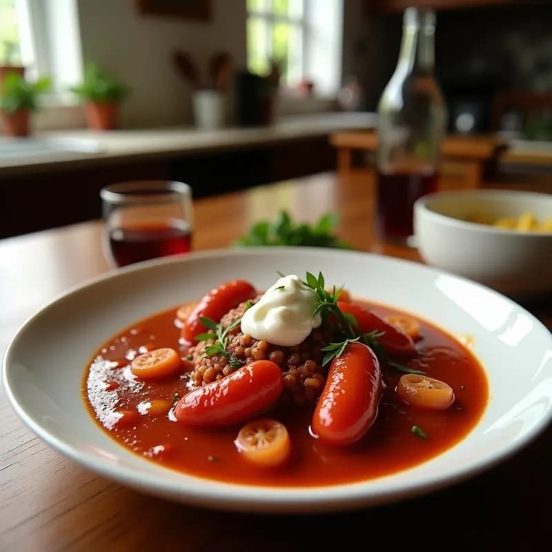 Plato hondo de cerámica blanca con borscht polaco humeante: caldo rojo intenso de remolacha, trozos de papa, zanahoria, repollo y rodajas de salchicha Kielbasa dorada. Corona de crema ácida blanca y eneldo fresco picado. Fondo rústico con cuchara de madera.