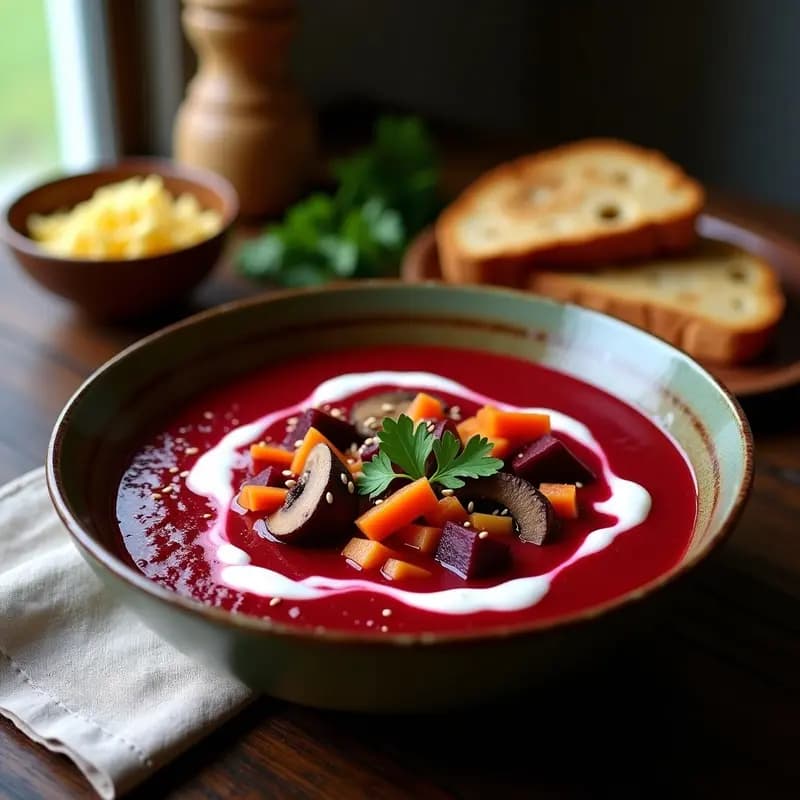 Plato hondo de barro con Borscht Polaco vegano, sopa de color rojo intenso con trozos de remolacha, champiñones Portobello dorados, zanahoria y perejil fresco. Acompañado de un hilo de crema de anacardos y semillas de sésamo tostadas sobre fondo rústico de madera.