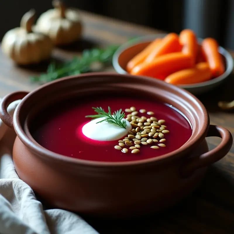 Bowl de cerámica oscura con borscht ucraniano de caldo rojo intenso, remolacha fermentada en trozos, crème fraîche blanca en espiral, y hierbas frescas como eneldo y perejil. Plato tradicional antioxidante servido con fondo rústico de madera.