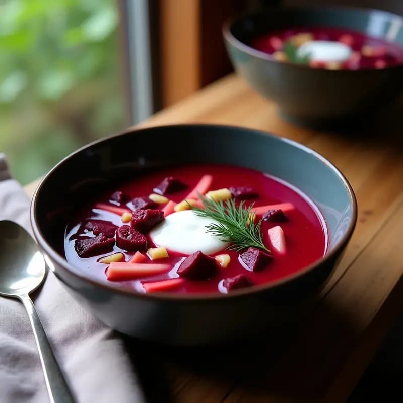 Bowl de cerámica oscura con borscht ucrainiano de remolacha fermentada, color rojo intenso con trozos de chucrut, hongos shiitake y eneldo fresco. Acompañado de crema agria vegana en el centro, sobre fondo rústico de madera.