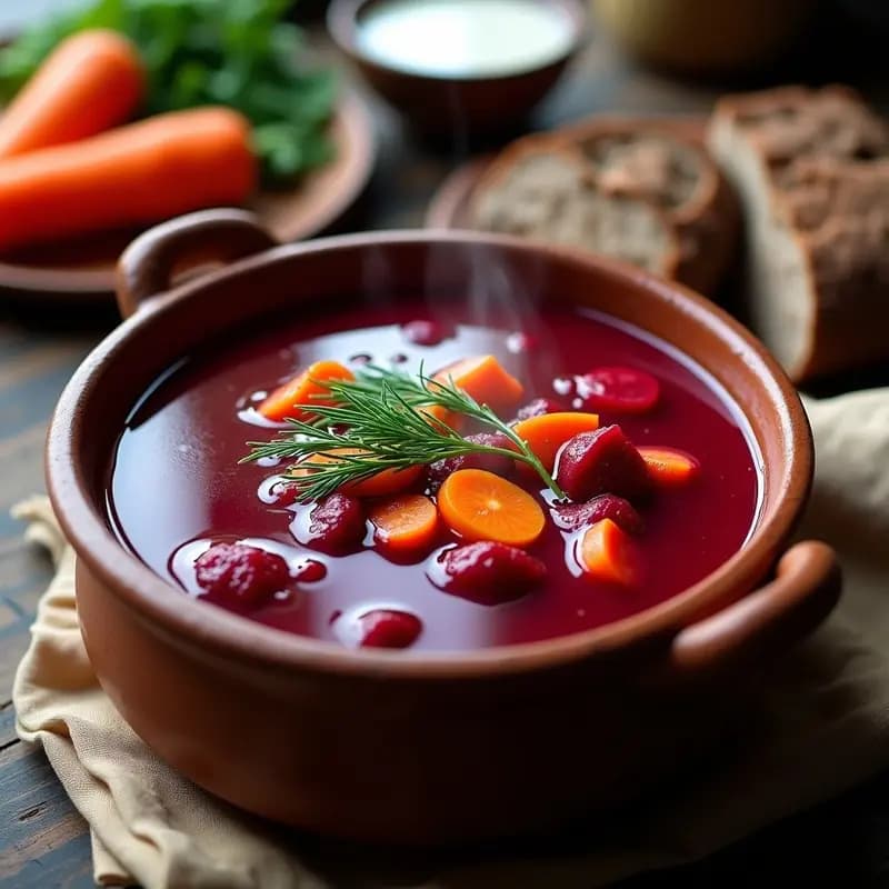 Olla de barro humeante con Borscht Ucraniano de remolacha fermentada, sopa roja vibrante con trozos de zanahoria, apio y eneldo fresco espolvoreado, servida en cuenco rústico sobre fondo de madera oscura.