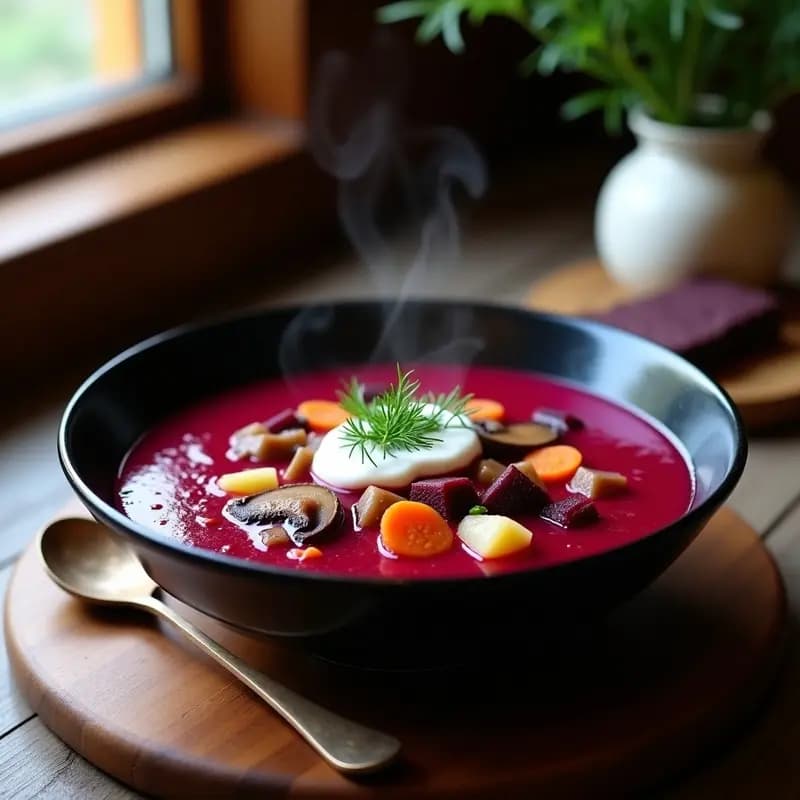 Bowl profundo de cerámica negra con borscht ucraniano de remolacha fermentada, color magenta intenso, trozos de champiñones portobello, zanahoria y papa. Decorado con eneldo fresco y un chorrito de kéfir blanco. Fondo rústico con pan de centeno y una cuchara de madera.