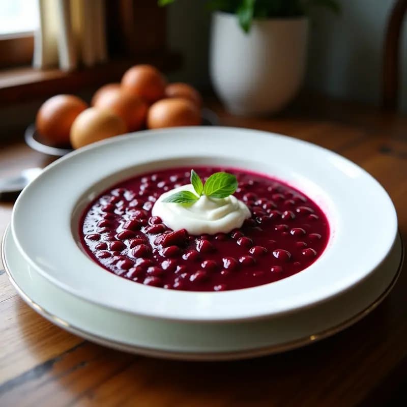 Cuenco de barro oscuro con borscht rojo vegano de remolacha y lentejas, coronado con un hilo de crema de coco blanca y espolvoreado con eneldo fresco. Al fondo, pan de centeno tostado y una cuchara de madera. Iluminación cálida y ambiente rústico.