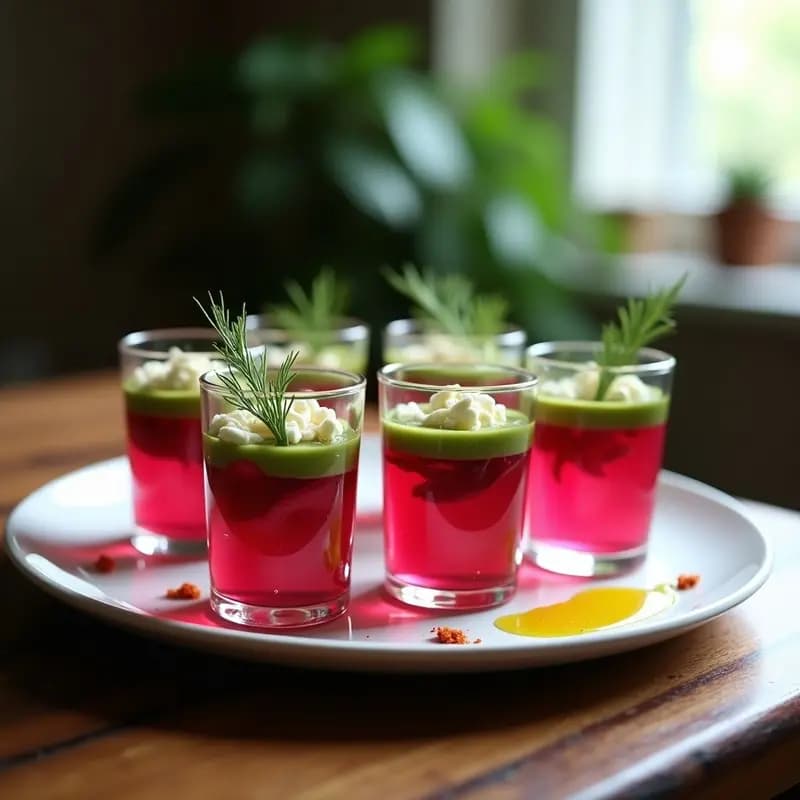 Vasitos de cristal transparente con capas de remolacha asada, zanahoria morada y queso feta vegano desmenuzado, decorado con eneldo fresco y nueces pecanas tostadas. Plato de entrantes ucraniano vegano elegante y colorido.