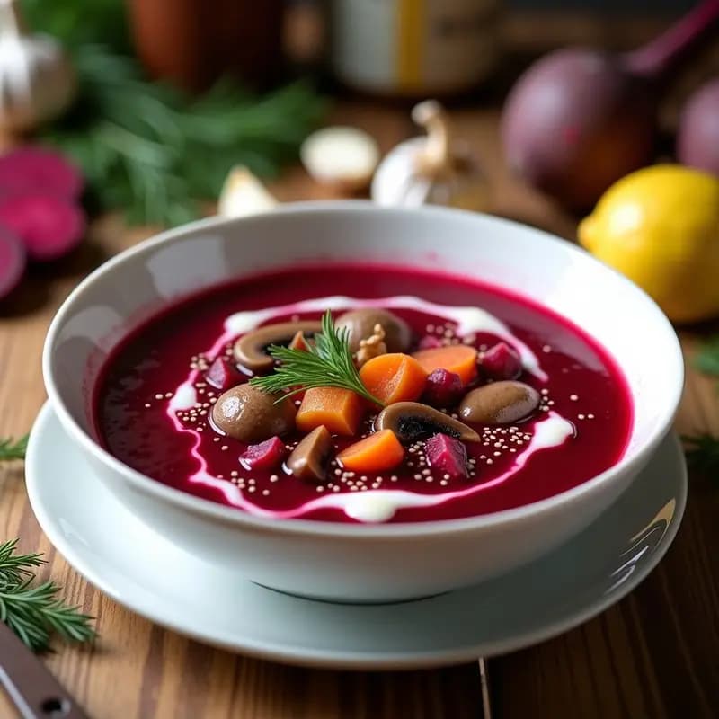 Cuenco de cerámica blanca con borscht ucraniano de remolacha y salsa de ajo, servido frío con hielo picado, decorado con eneldo fresco y un chorrito de salsa cremosa de ajo asado. Fondos de verduras en tonos rojos y morados intensos.