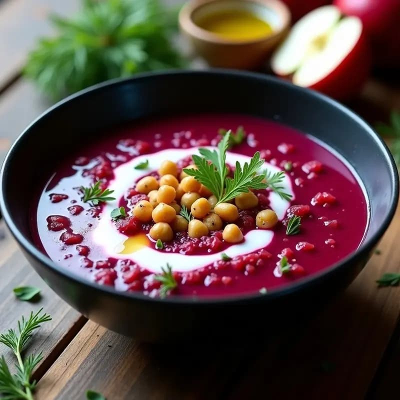 Cuenco de cerámica oscura con Borscht ucraniano de remolacha y crema de yogur, decorado con cilantro fresco y un hilo de aceite de oliva. La sopa tiene un color rojo intenso y cremoso, con textura aterciopelada. Fondo rústico con pan de centeno y semillas de girasol.