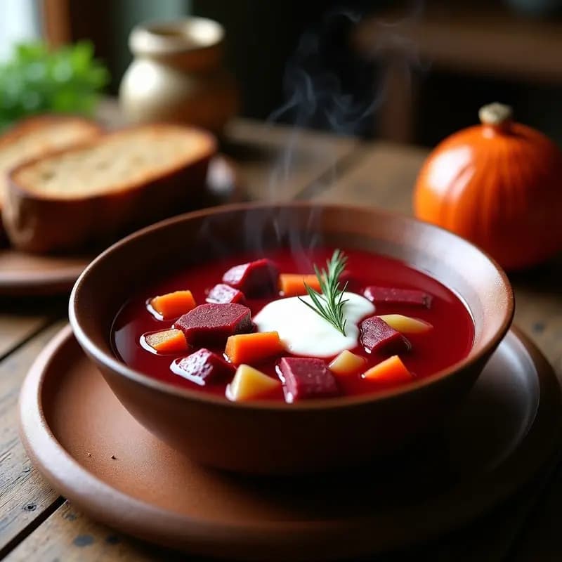 Plato hondo de barro con borscht ucraniano de color rubí intenso, trozos de costillas de cerdo ahumadas, salchichón polaco y verduras. Acompañado de crema agria y eneldo fresco, con pan de centeno tostado al lado.