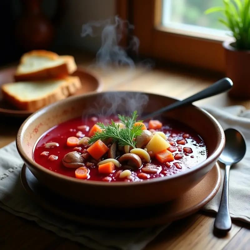 Bowl de borshch vegano ucraiano con col fermentada y champiñones, servido en cuenco de barro oscuro con crema de coco espolvoreada con perejil fresco, rodeado de rebanadas de pan de centeno tostado.