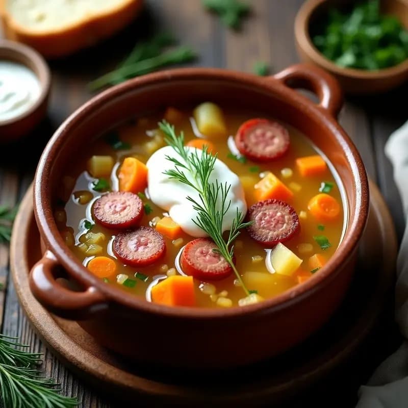 Olla de barro humeante con Borshchok de col y salchicha ucraniano, sopa espesa con trozos de chucrut, papa, zanahoria y rodajas de salchicha ahumada, decorada con crema agria y eneldo fresco, sobre fondo rústico de madera.
