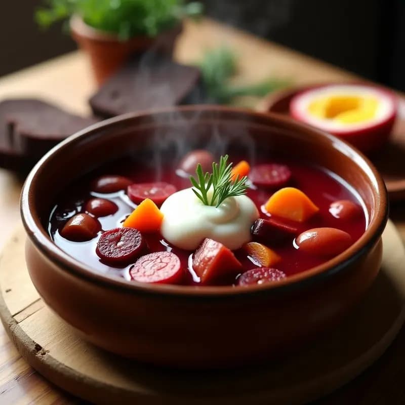 Bowl hondo de barro con borshchtt ucraniano con salchicha ahumada, caldo rojo intenso, trozos de remolacha, patata, zanahoria y rodajas de salchicha kielbasa. Acompañado de huevo duro cortado por la mitad y crema agria, decorado con eneldo fresco sobre fondo rústico de madera.