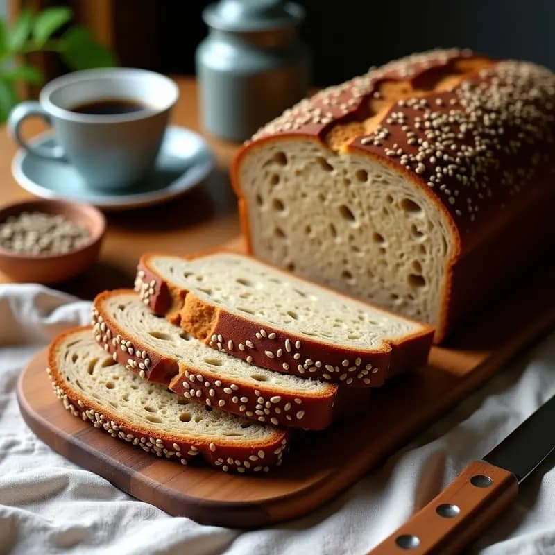 Pan rústico alemán Bösenbrot de centeno con semillas de lino, amapola y girasol, cortado en rebanadas gruesas sobre tabla de madera oscura, desayuno alto en fibra.